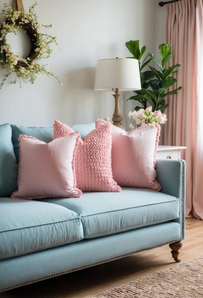 1. Add pastel throw pillows to the sofa