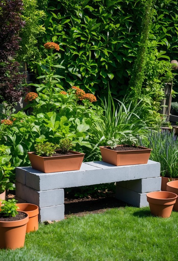 10. Garden Cinder Block Bench with Greenery