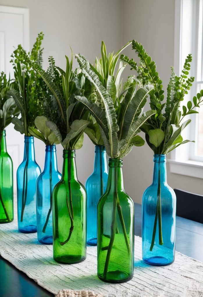 12. Add faux greens in blue or green glass bottles
