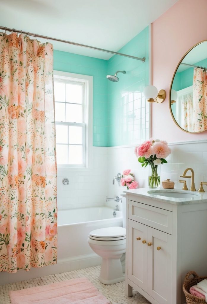 19. Opt for a floral shower curtain in the bathroom