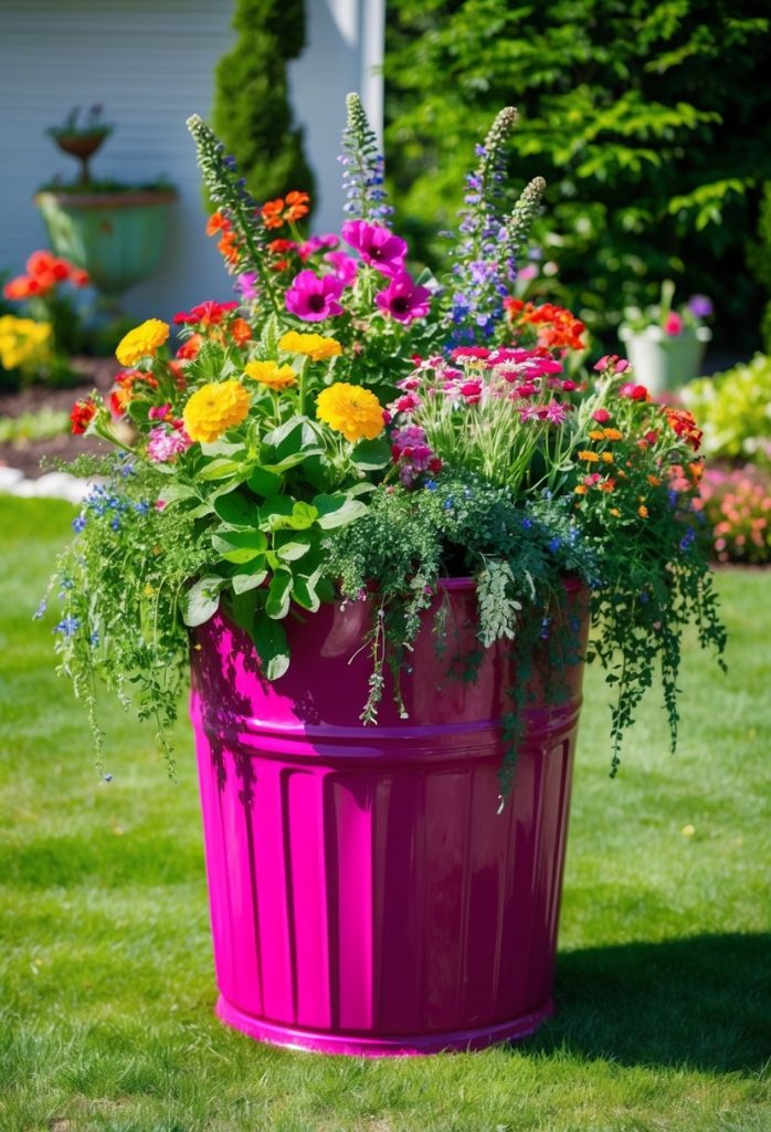 2. Colorful Trash Can Planter