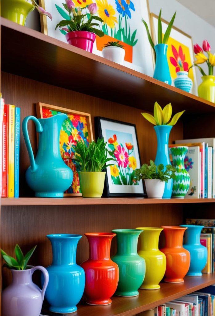 20. Decorate bookshelves with vibrant decor pieces
