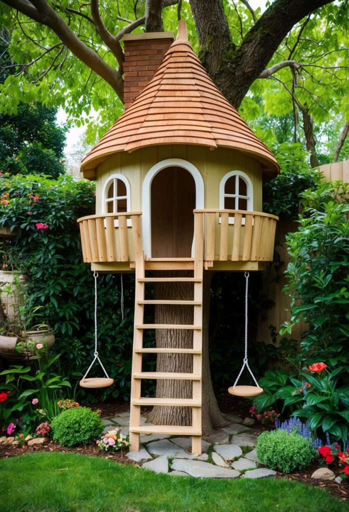 30. Craft a fairy treehouse with ladders and swings