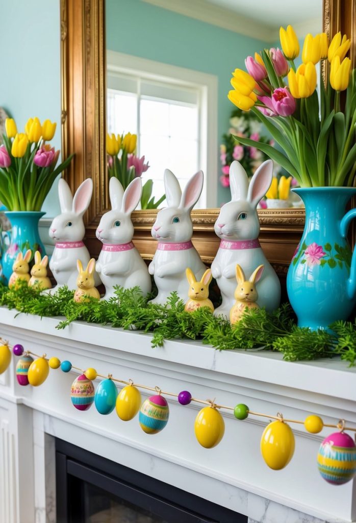 8. Decorate the mantel with ceramic bunnies