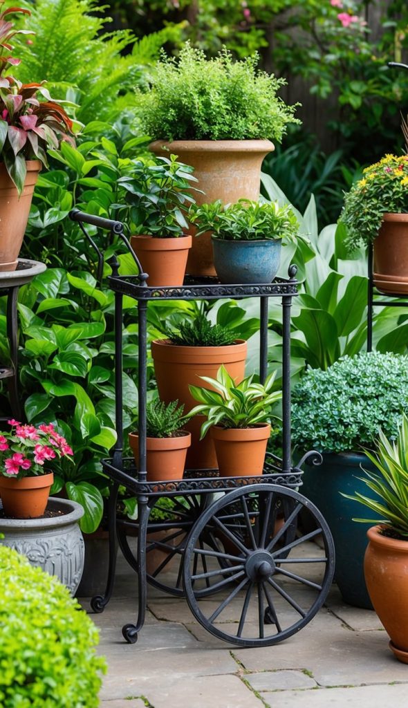 1. Timeless Wrought-Iron Cart Plant Stand