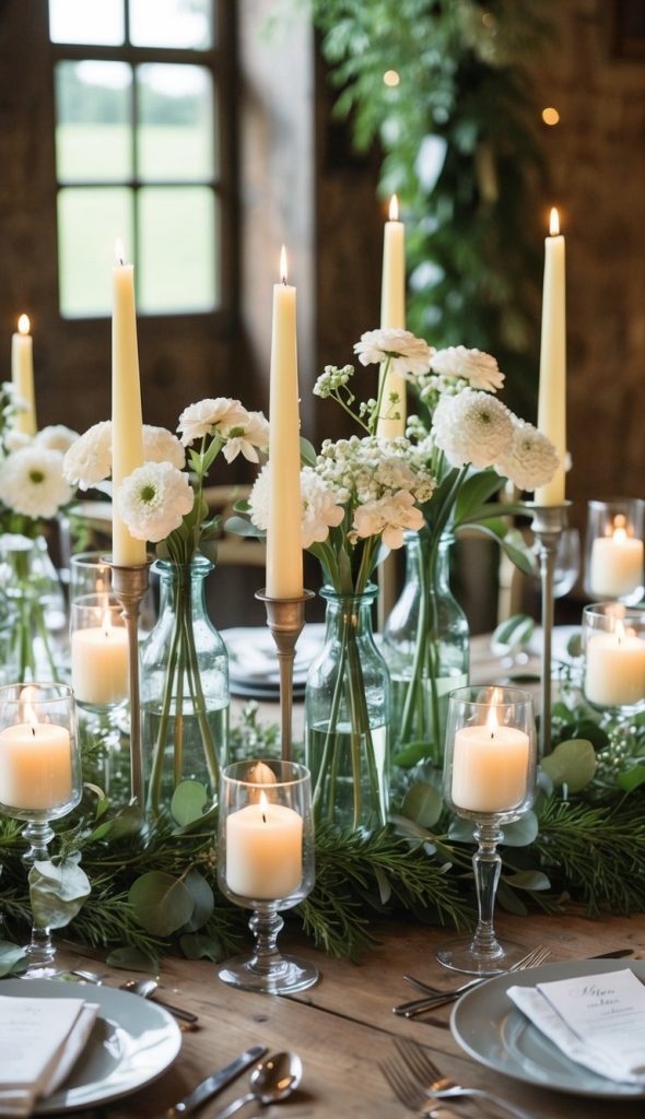 10. Candle-and-Bloom Pairings in Mixed Vases