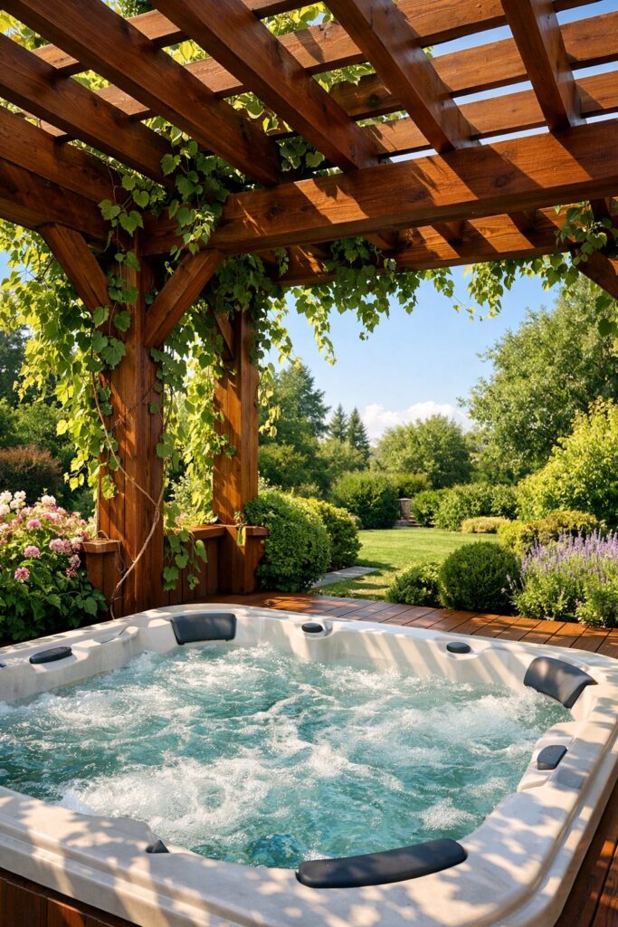 Classic wooden pergola with climbing vines