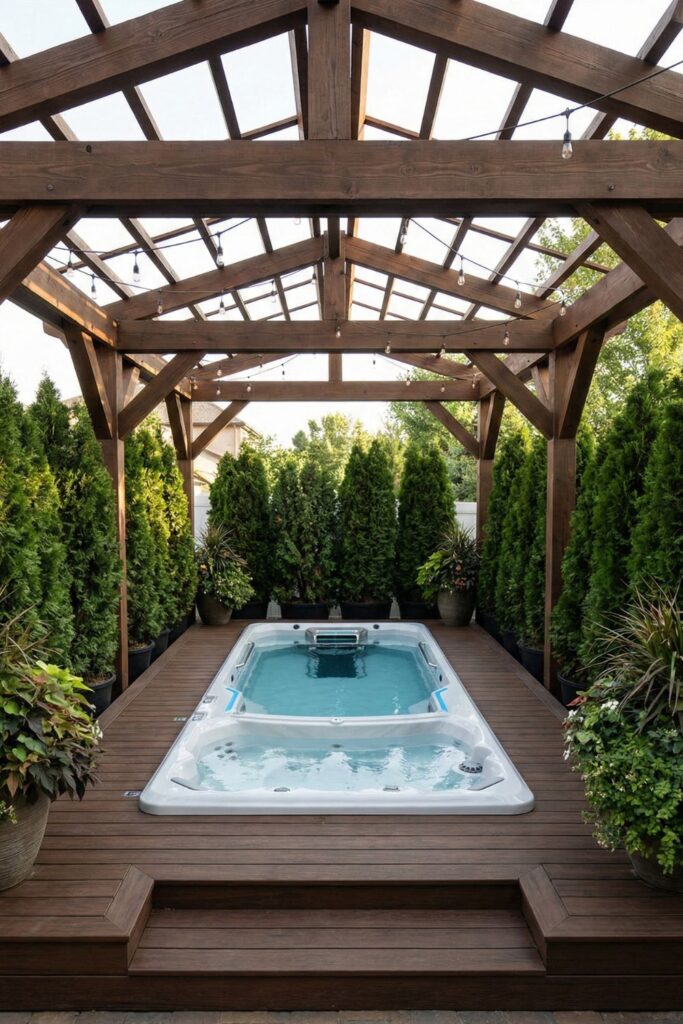 Rectangular swim spa framed by wooden pergola and greenery