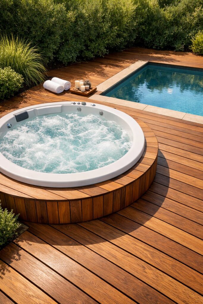 Outdoor jacuzzi set inside a wooden deck next to small pool