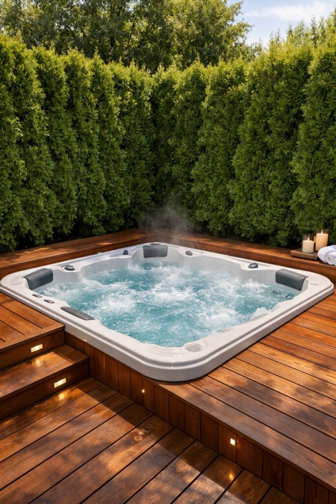 Sunken Hot Tub Surrounded by Privacy Hedges