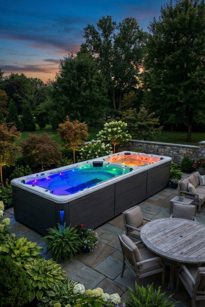 Swim spa with multi-zone lighting for ambiance