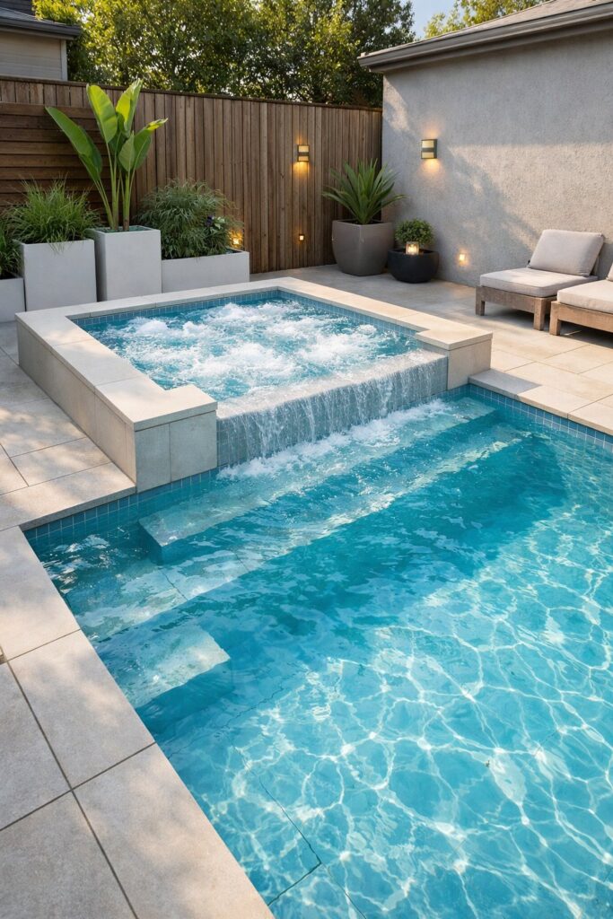 Compact tiled pool and Jacuzzi combo for urban backyards