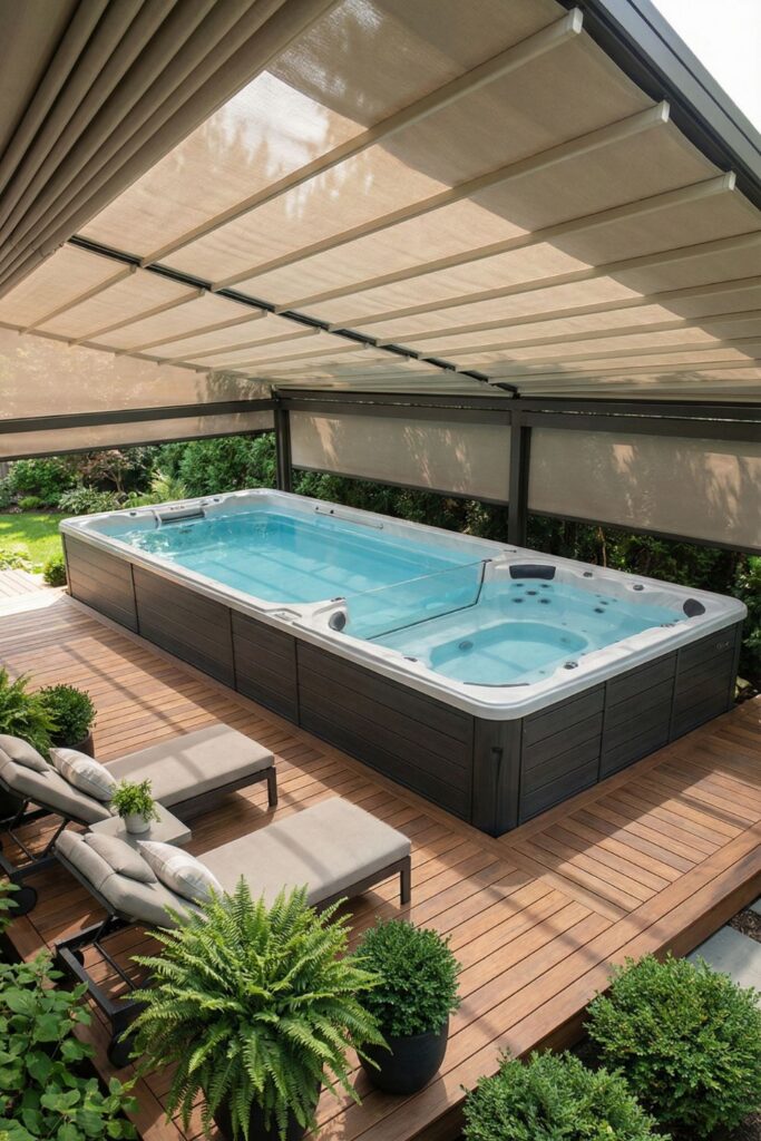 Covered swim spa with retractable roof