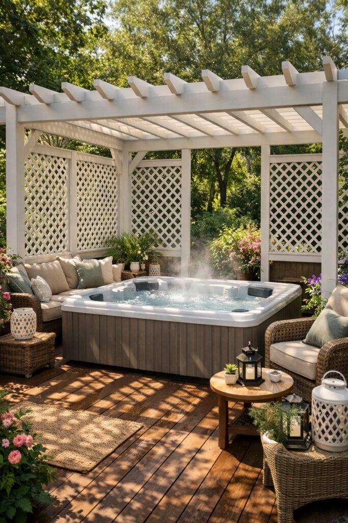 Pergola with lattice panels for partial shade