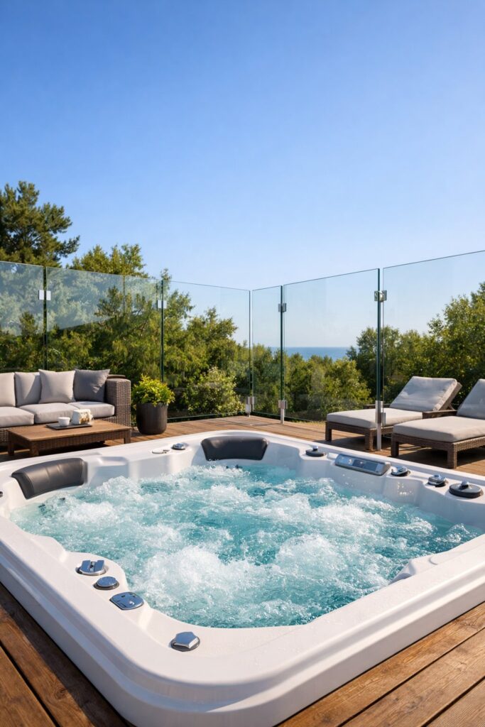 Jacuzzi with glass windbreak panels