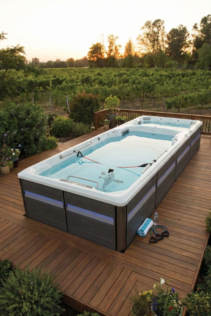 Swim spa featuring exercise equipment attachments