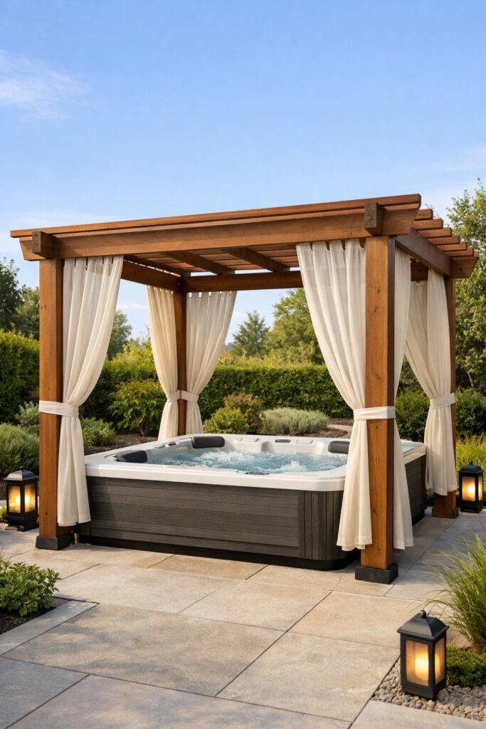 Freestanding pergola with privacy curtains