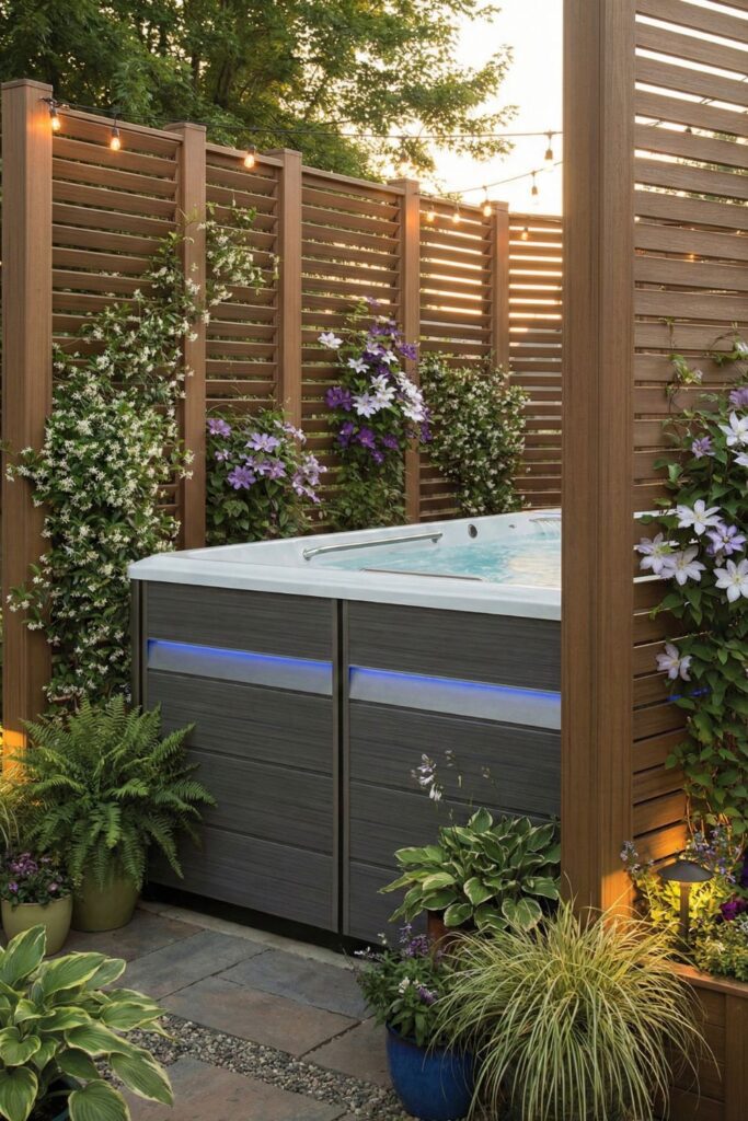 Swim spa with surrounding privacy screen panels