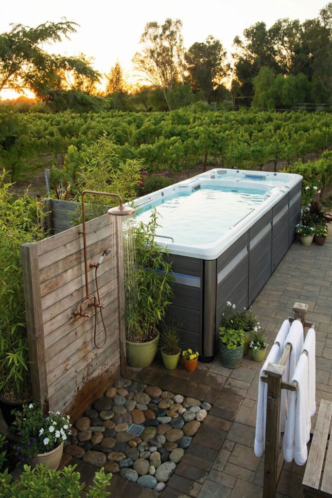 Backyard swim spa with outdoor shower station