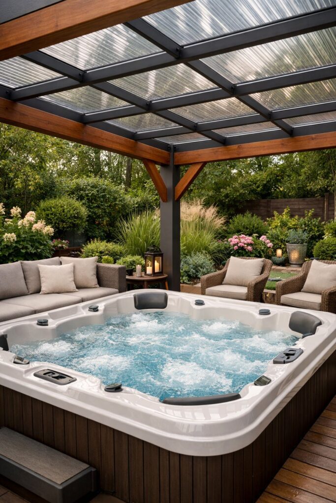 Hot tub pergola with waterproof roofing