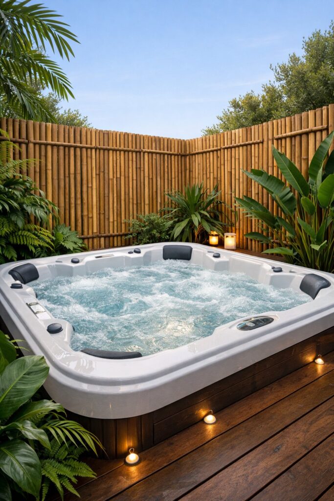 Jacuzzi with a bamboo privacy screen