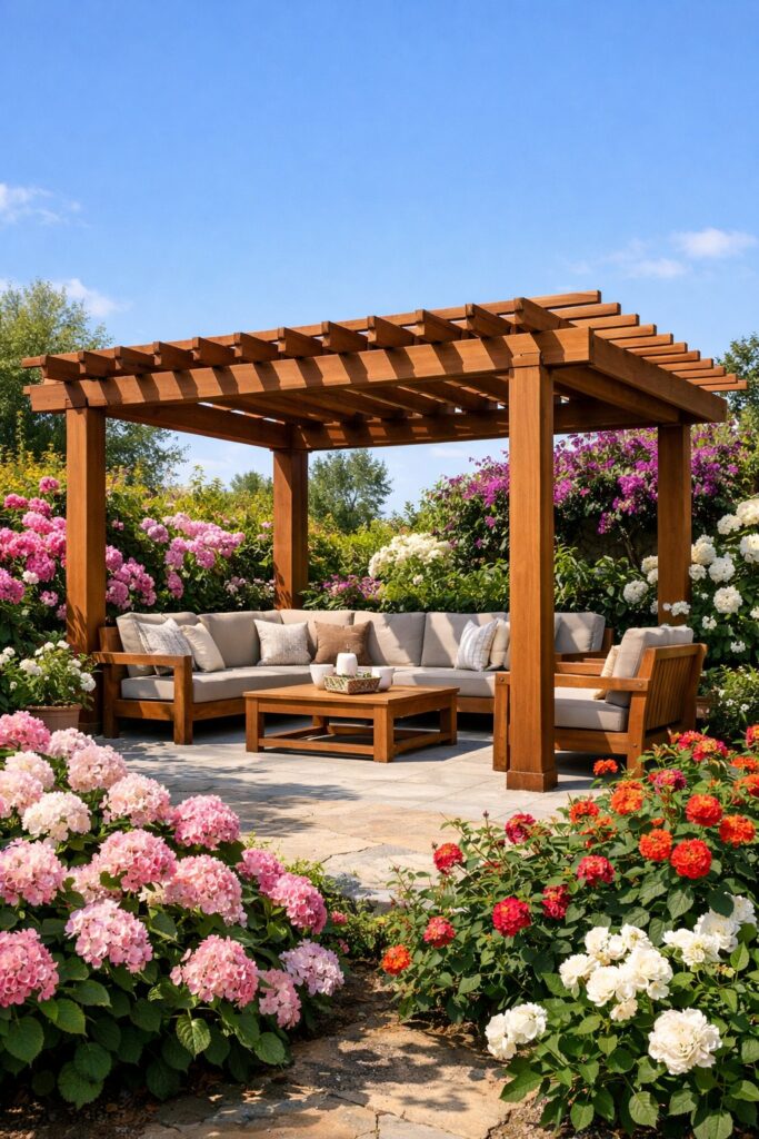 Pergola surrounded by flowering shrubs