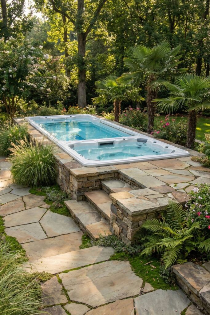 Swim spa integrated into a natural stone patio