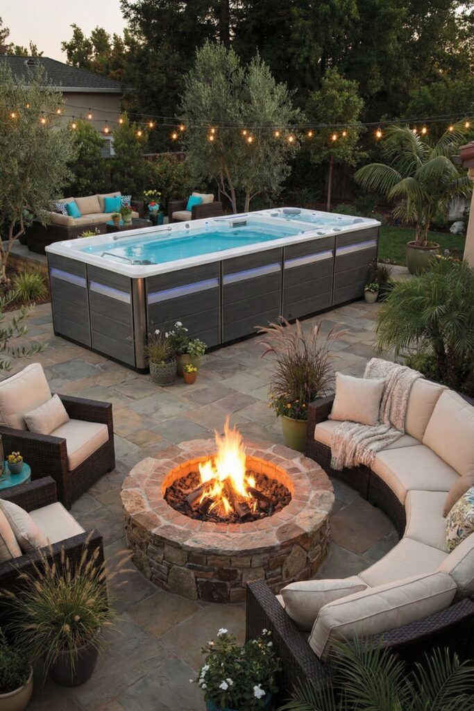 Swim spa and fire pit combo area