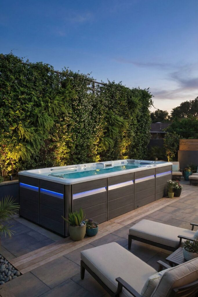 Green wall backdrop behind swim spa