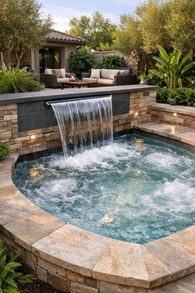 Jacuzzi designed with water feature waterfall