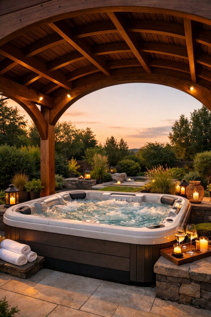 arched pergola roof over hot tub