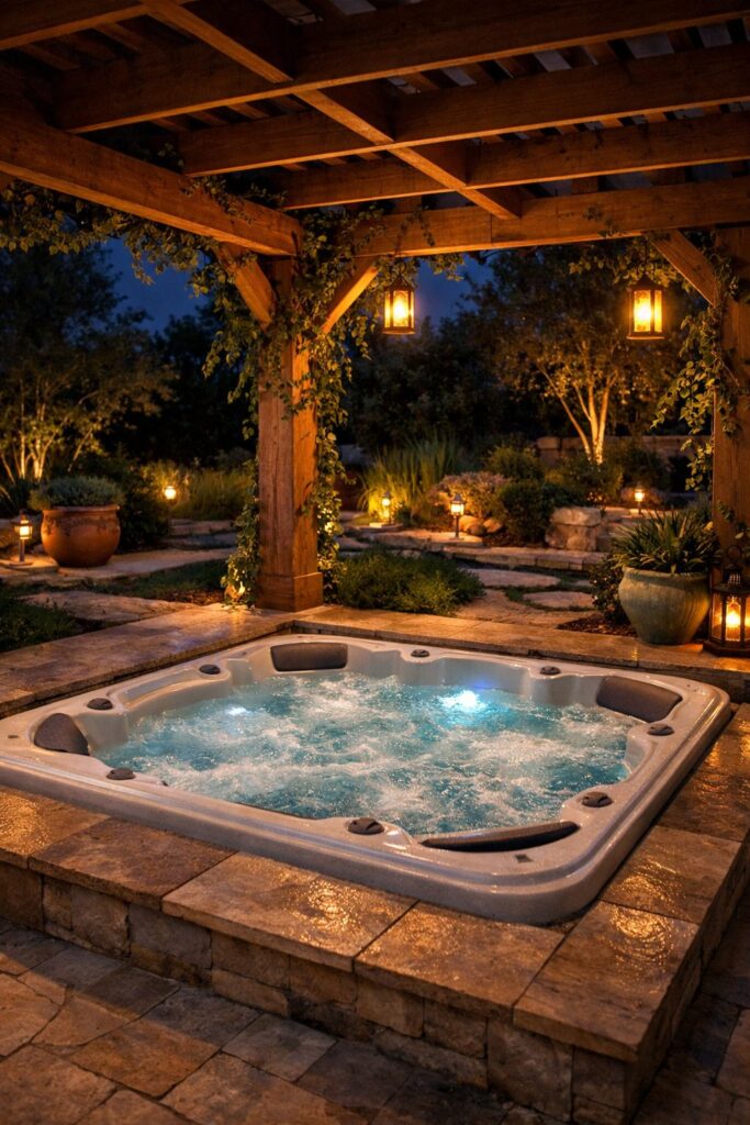 Built-in Jacuzzi under a pergola with ambient lighting