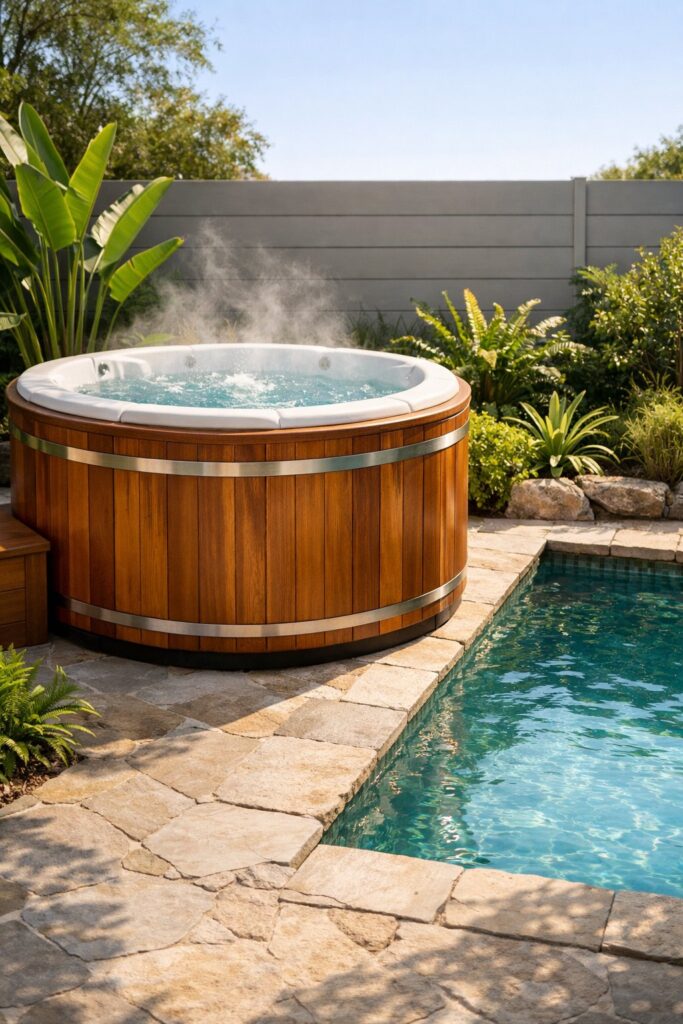 Freestanding wooden hot tub Jacuzzi beside a small pool