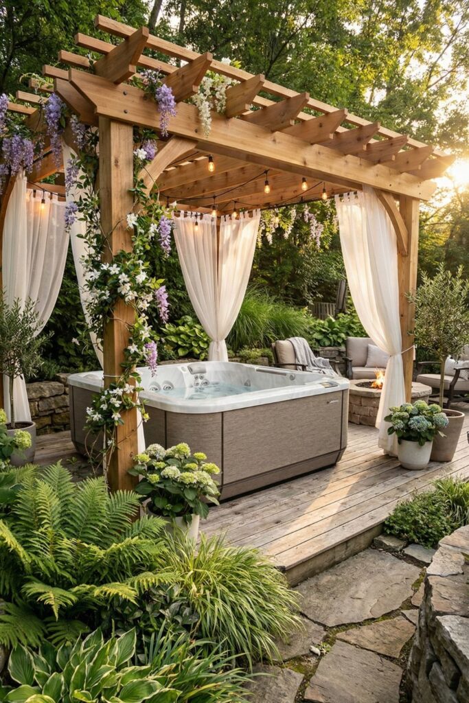 2. Install a wooden pergola over the hot tub