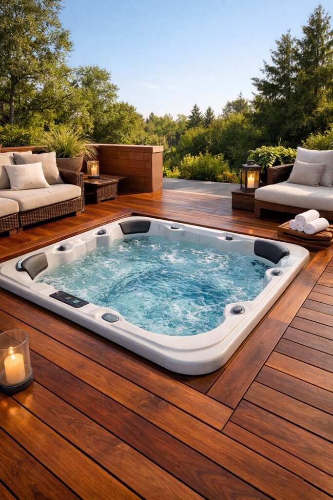 Sunken Hot Tub Recessed into Wooden Deck