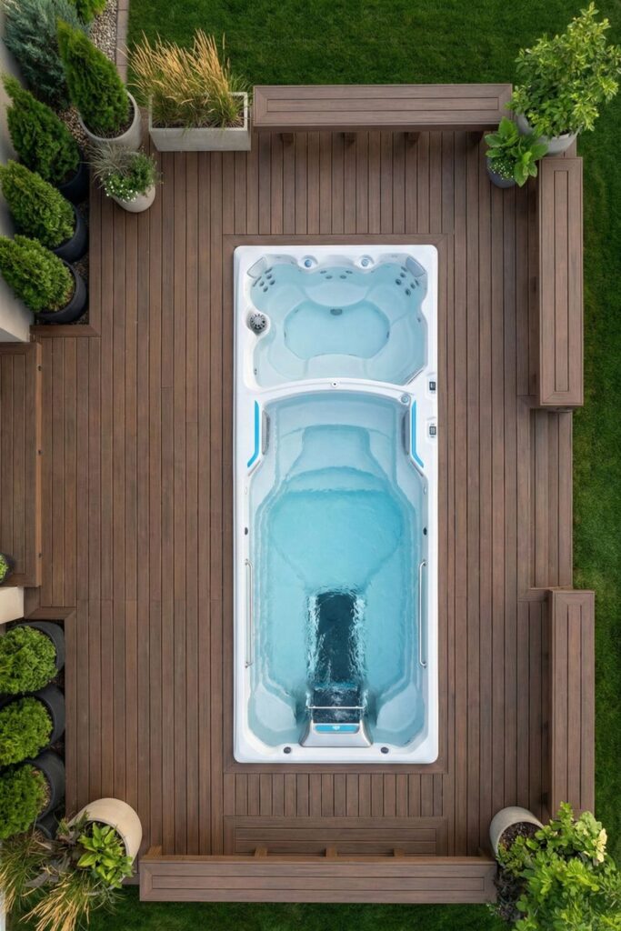 Swim spa integrated with a seamless surrounding deck
