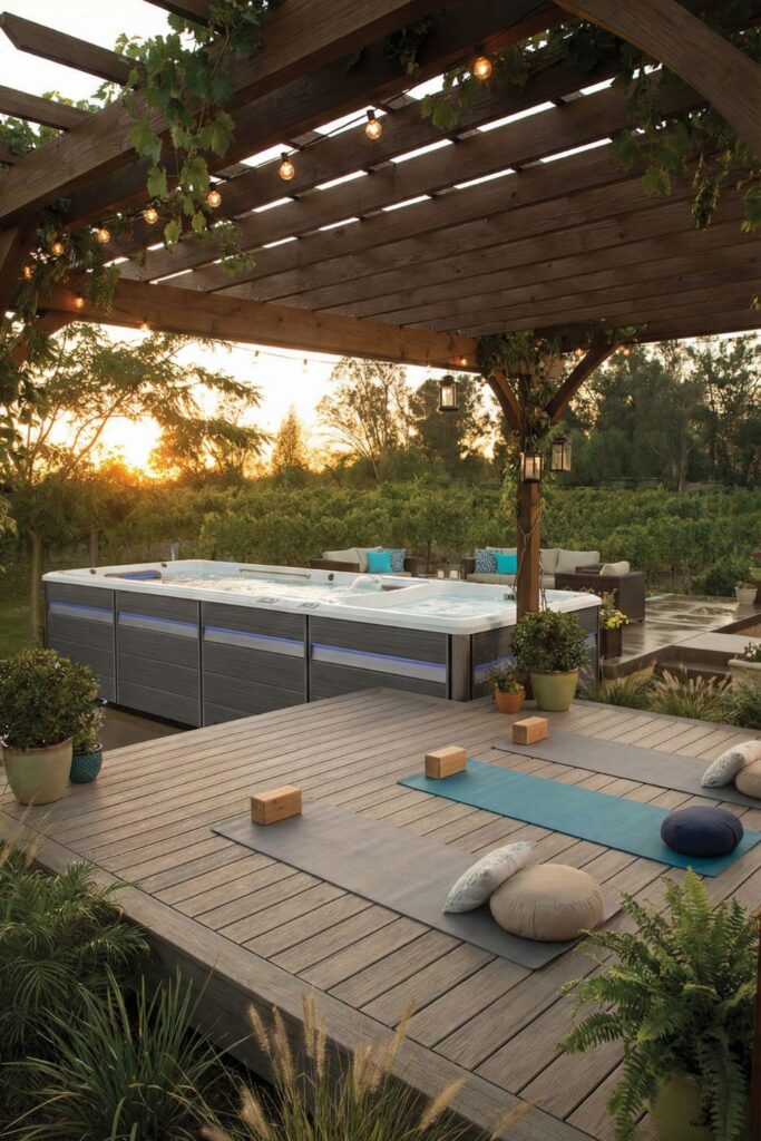 Swim spa with attached yogameditation deck
