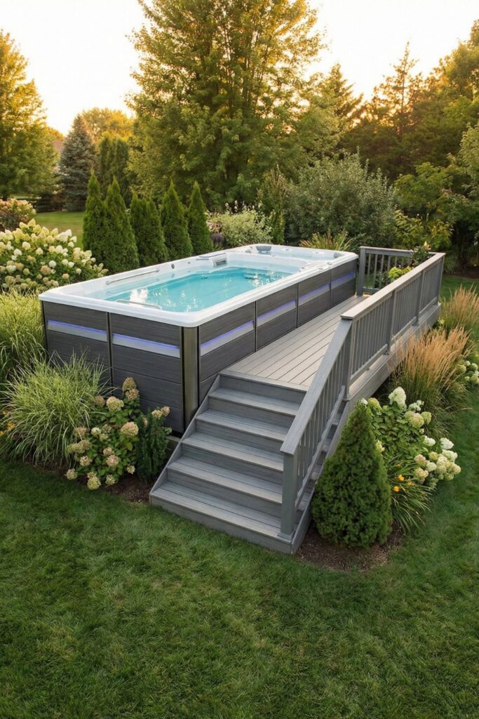 Elevated swim spa with stairs and railing
