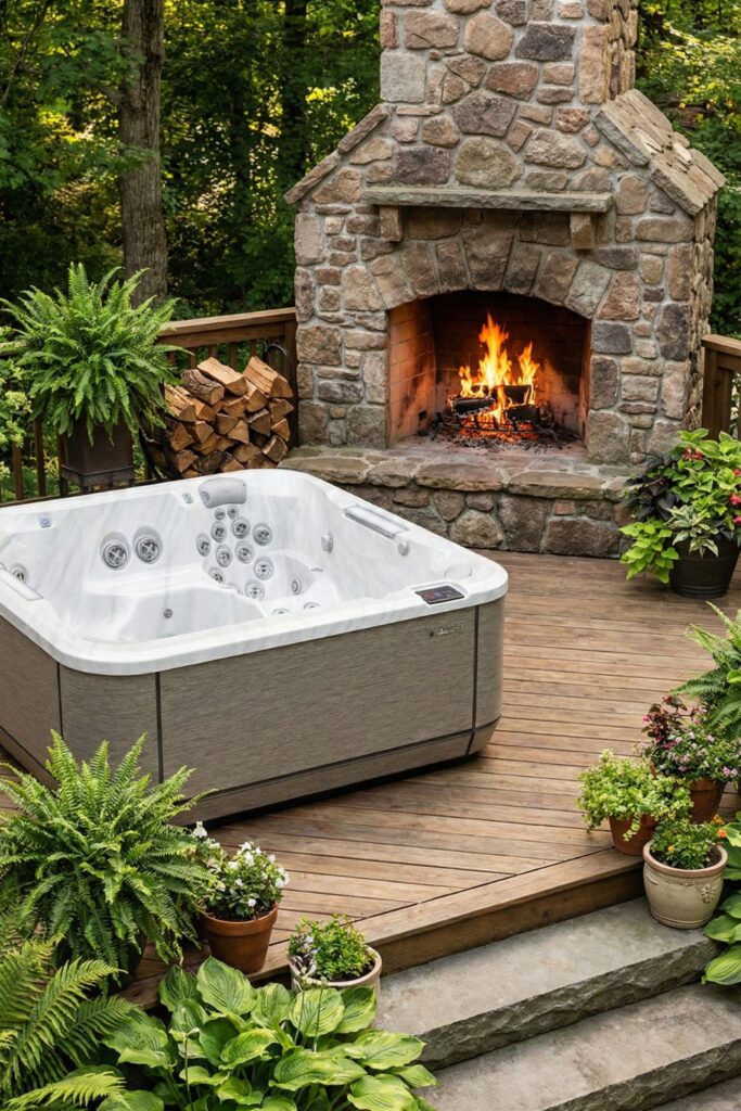 21. Set up a fireplace hearth next to the spa