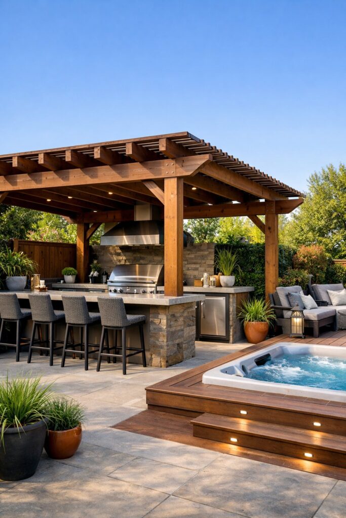 Pergola combined with outdoor kitchen space