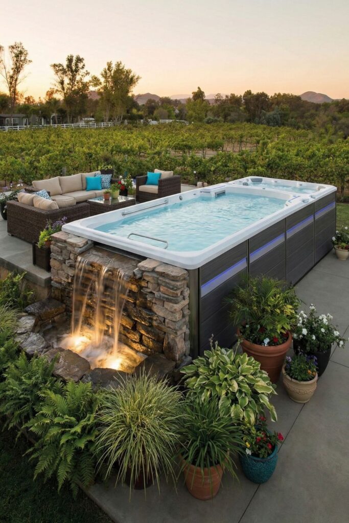 Swim spa with waterfall feature