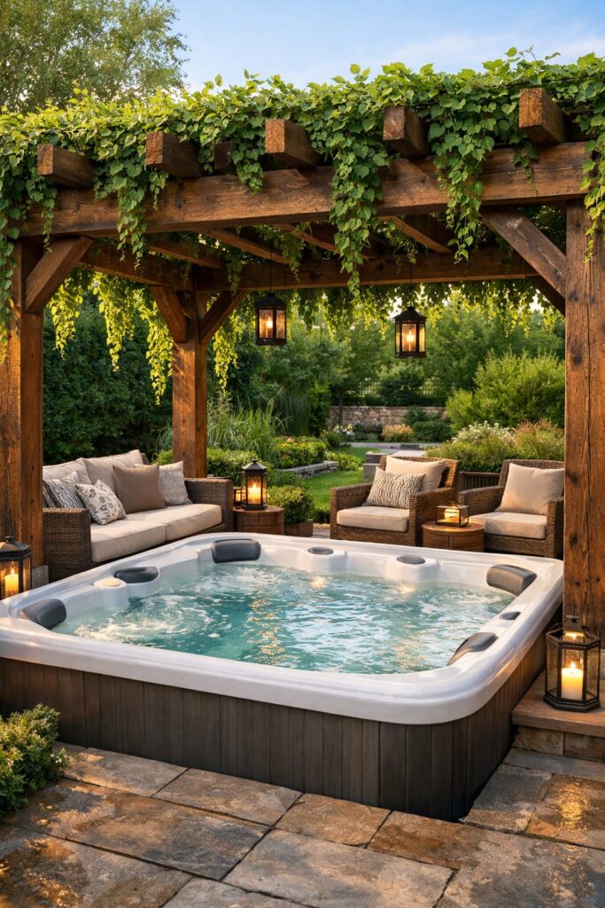 Pergola with vine-covered pergola beams