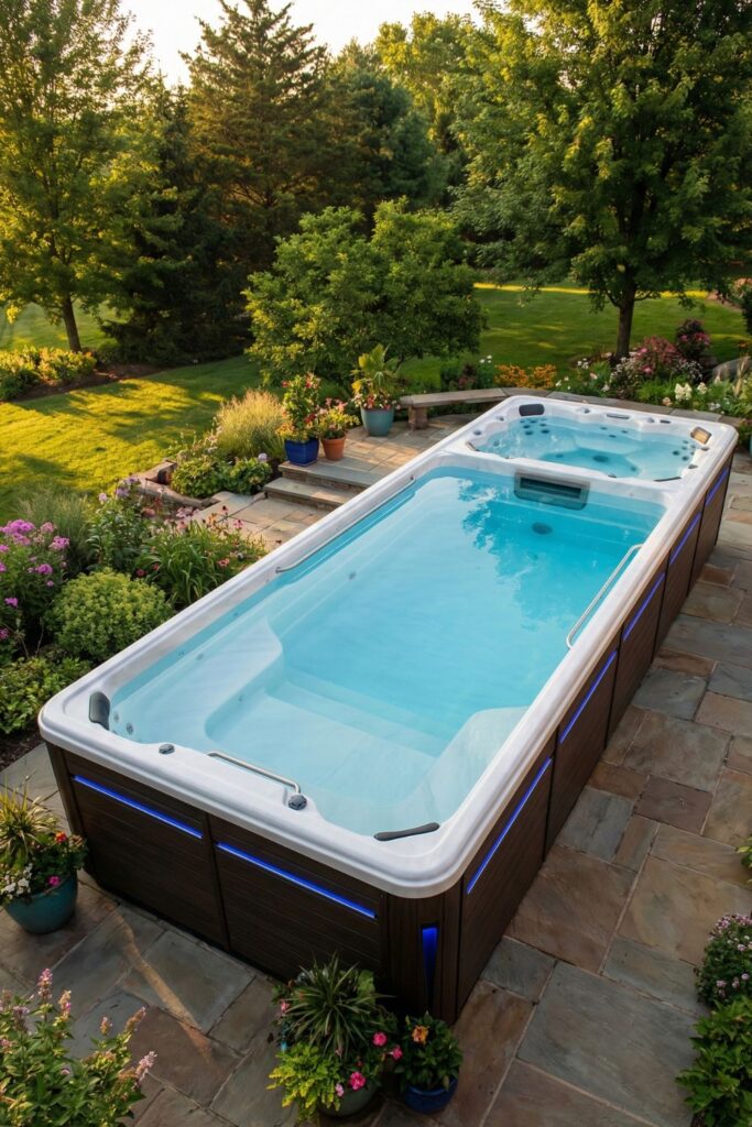 Swim spa designed with kid-friendly shallow zone