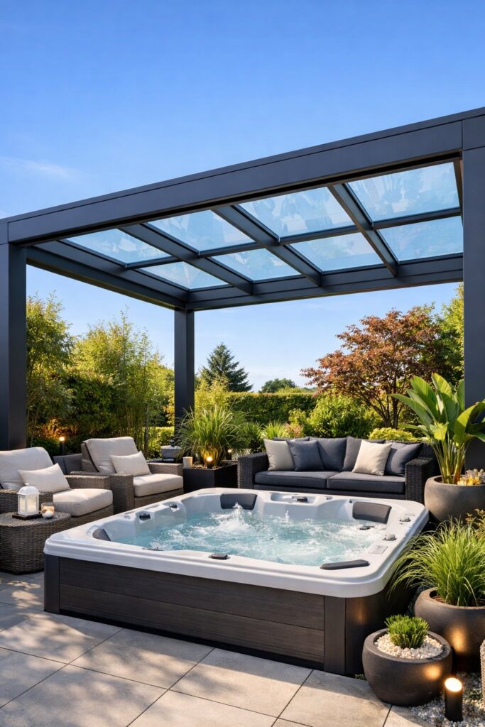 Contemporary pergola with glass roof panels