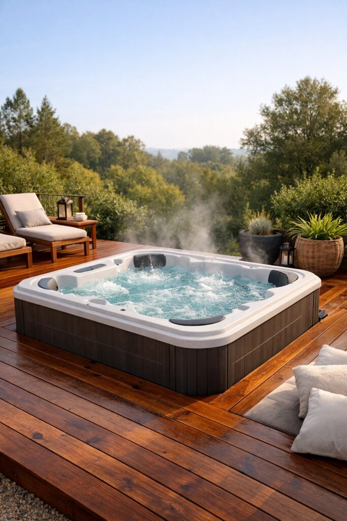 Jacuzzi on elevated wooden platform