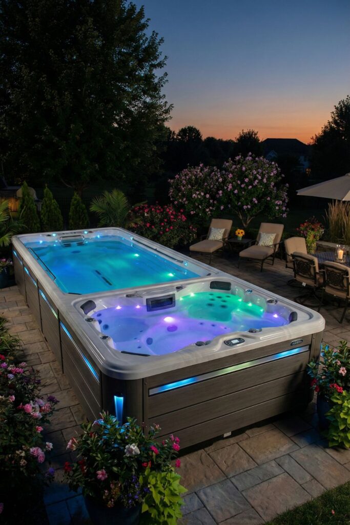 Swim spa with underwater LED lights
