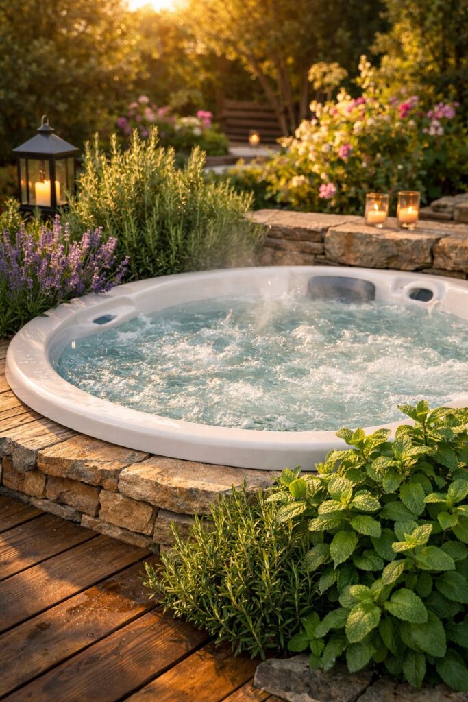 Jacuzzi surrounded by fragrant herbs