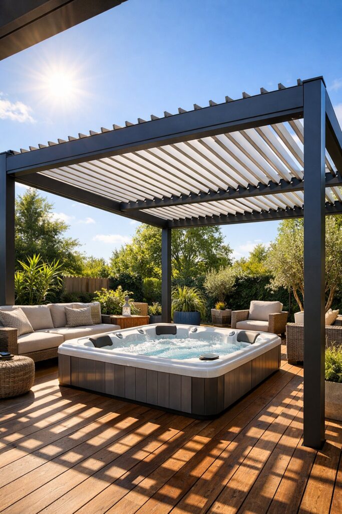 Pergola with adjustable slats for sunlight control