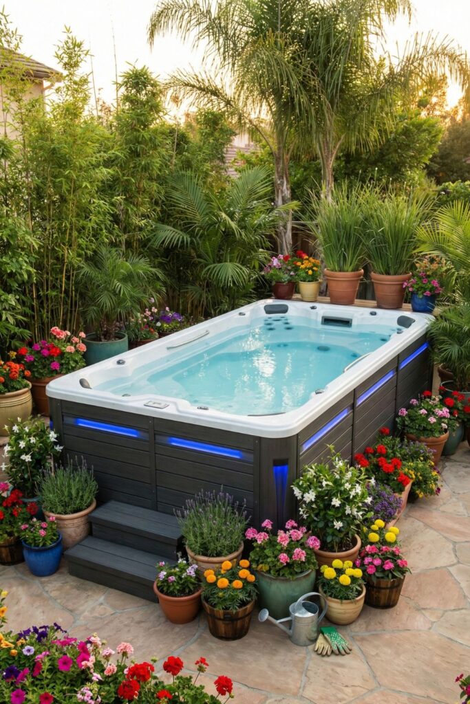 Swim spa surrounded by potted plants and flowers