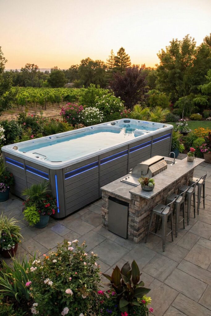 Swim spa adjacent to outdoor kitchen setup